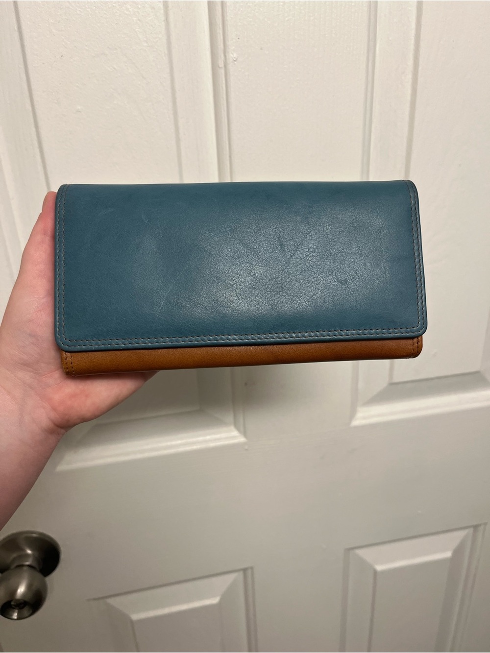 Two-Tone Teal and Tan Leather Wallet